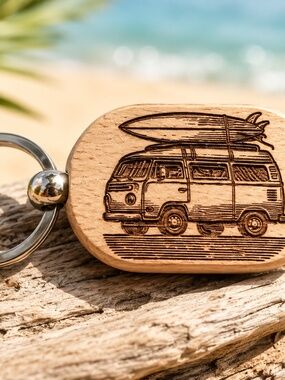 Wooden keychain engraved with a campervan